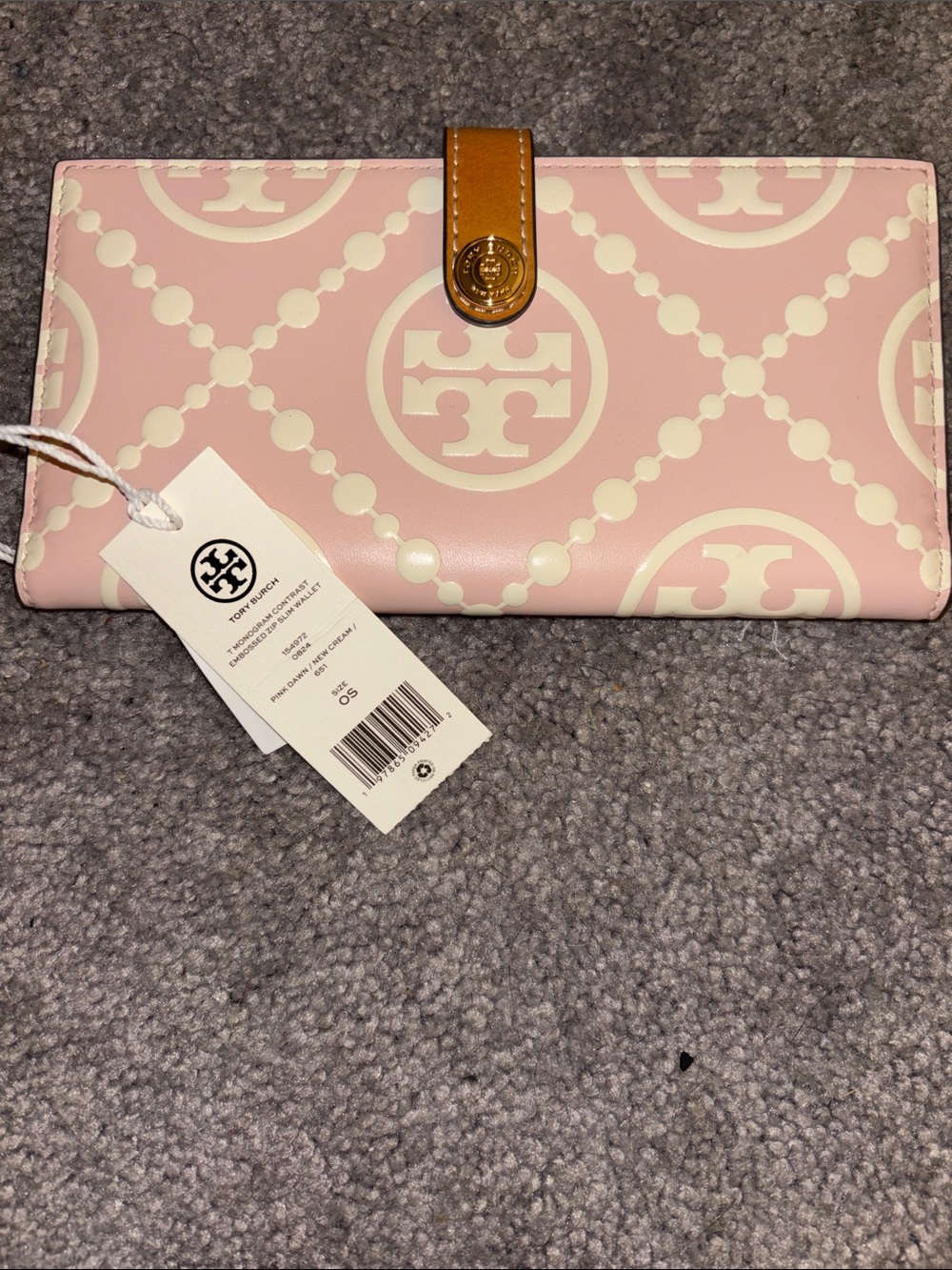 Tory Burch Pink and Cream Logo Continental Wallet with Tan Strap